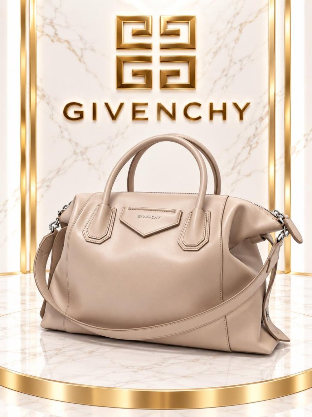 Authentic Givenchy Antigona Large Beige Leather Satchel Shoulder Bag Luxury